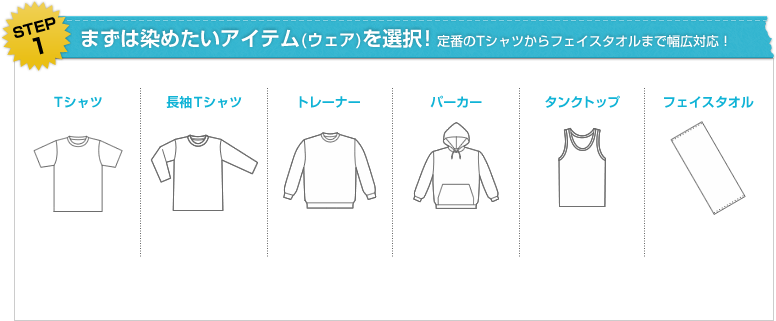 まずは染めたいアイテム（ウェア）を選択！定番のTシャツからフェイスタオルまで幅広対応！